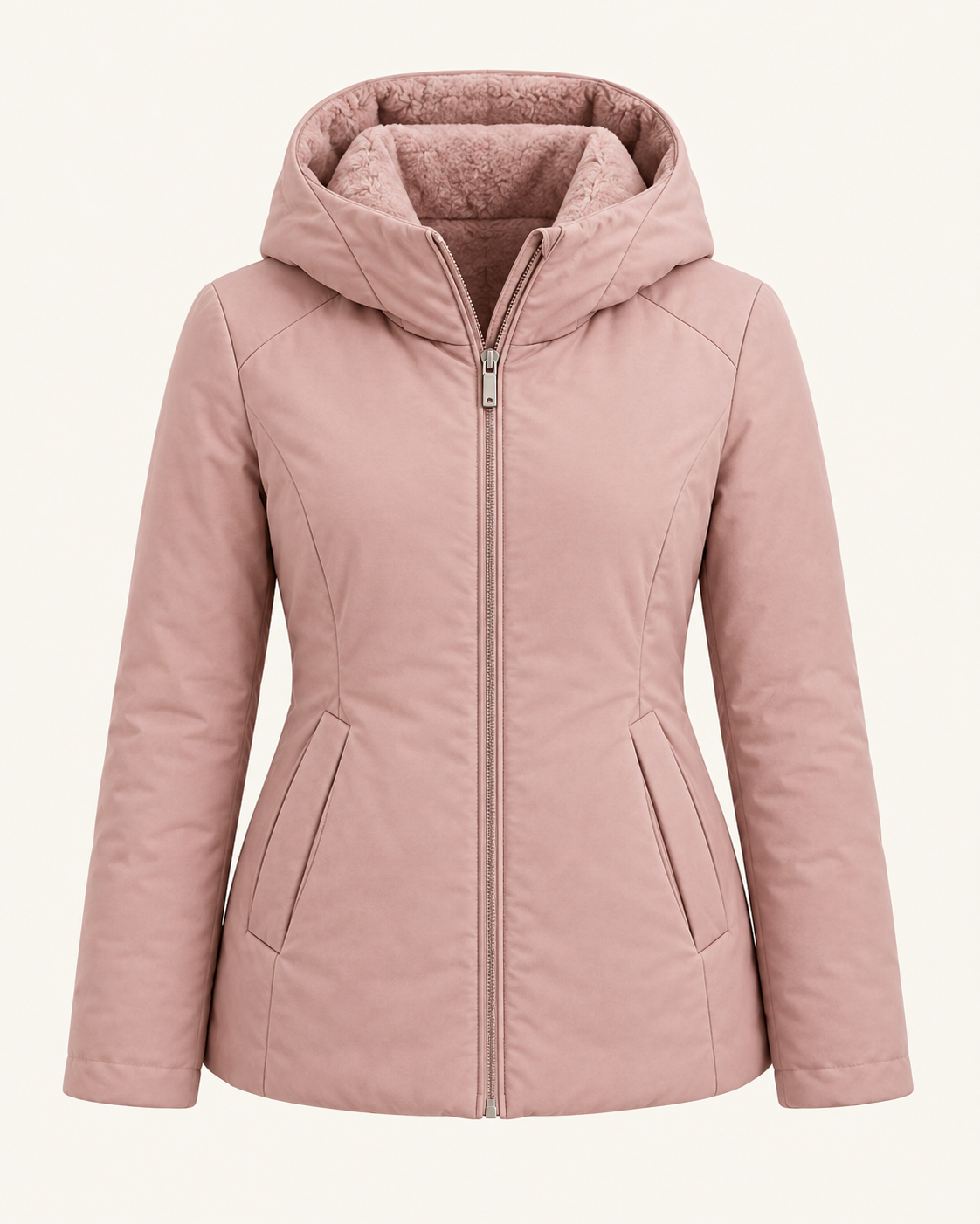 Vaaleanpunainen naisten lämmin hupullinen takki lämpimän valkoisella studiotaustalla
