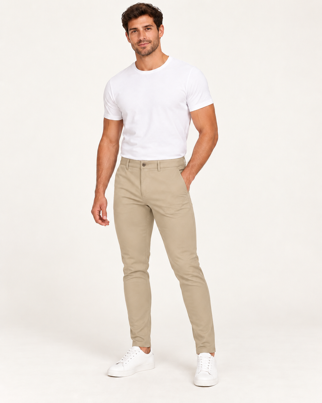 Khakinväriset joustavat slim fit -housut aikuisen miesmallin yllä lämpimän valkoisessa studiossa