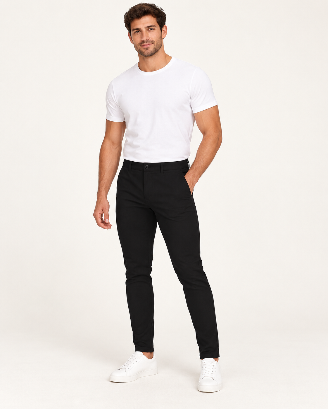 Mustat joustavat slim fit -housut aikuisen miesmallin yllä lämpimän valkoisessa studiossa