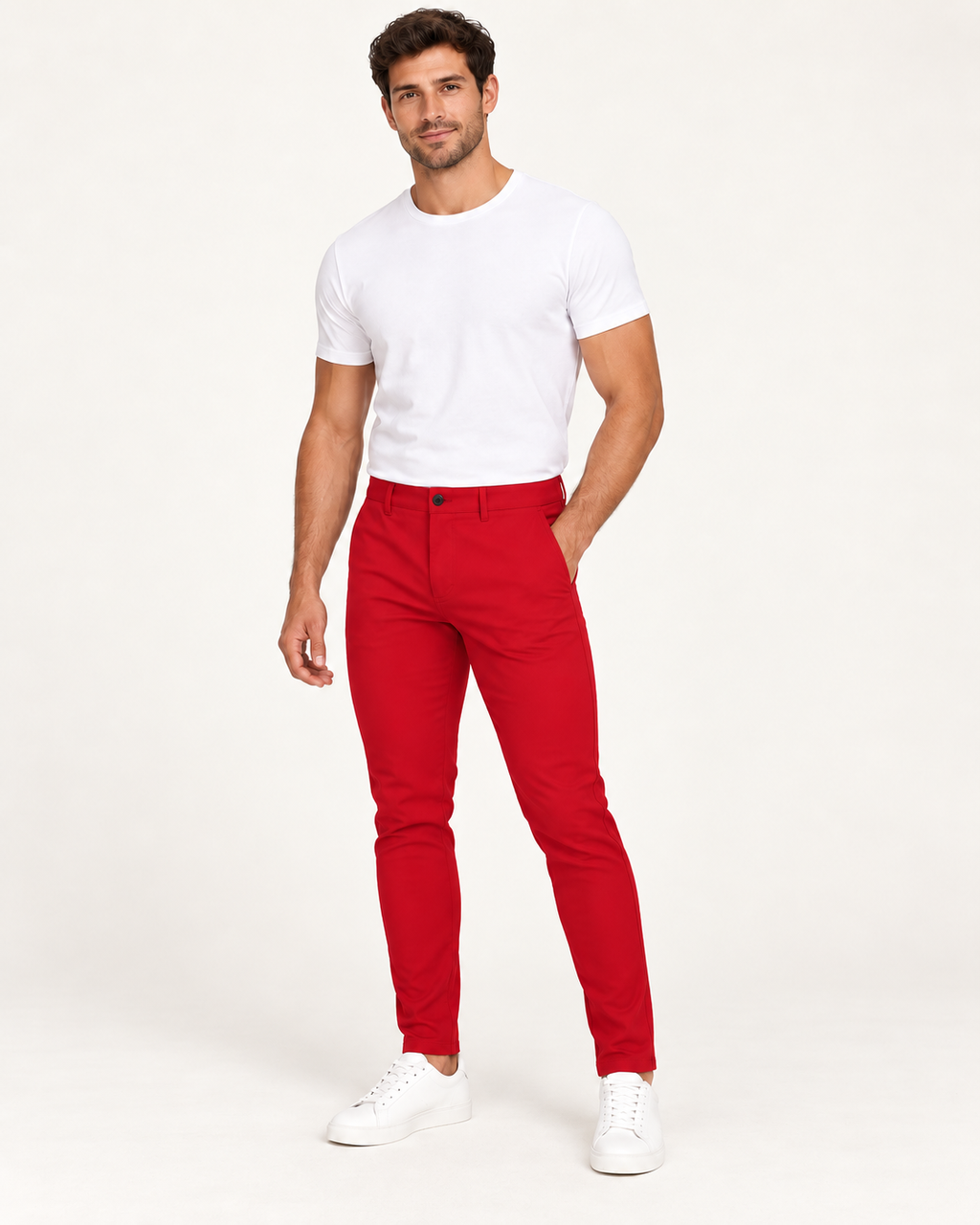 Punaiset joustavat slim fit -housut aikuisen miesmallin yllä lämpimän valkoisessa studiossa