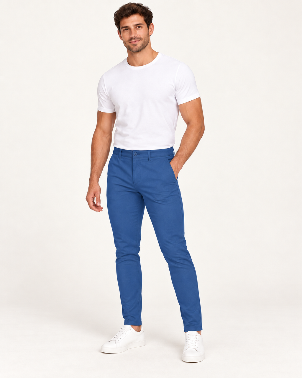 Siniset joustavat slim fit -housut aikuisen miesmallin yllä lämpimän valkoisessa studiossa