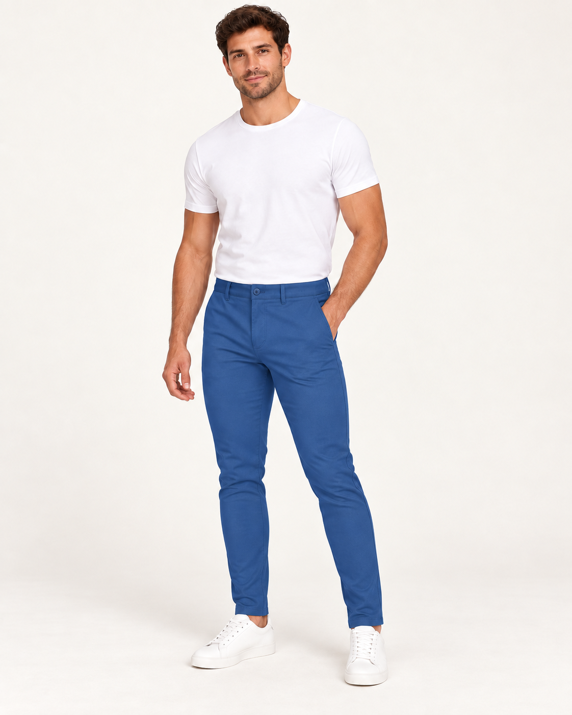 Siniset joustavat slim fit -housut aikuisen miesmallin yllä lämpimän valkoisessa studiossa