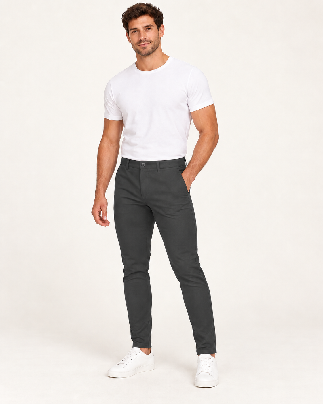 Tummanharmaat joustavat slim fit -housut aikuisen miesmallin yllä lämpimän valkoisessa studiossa