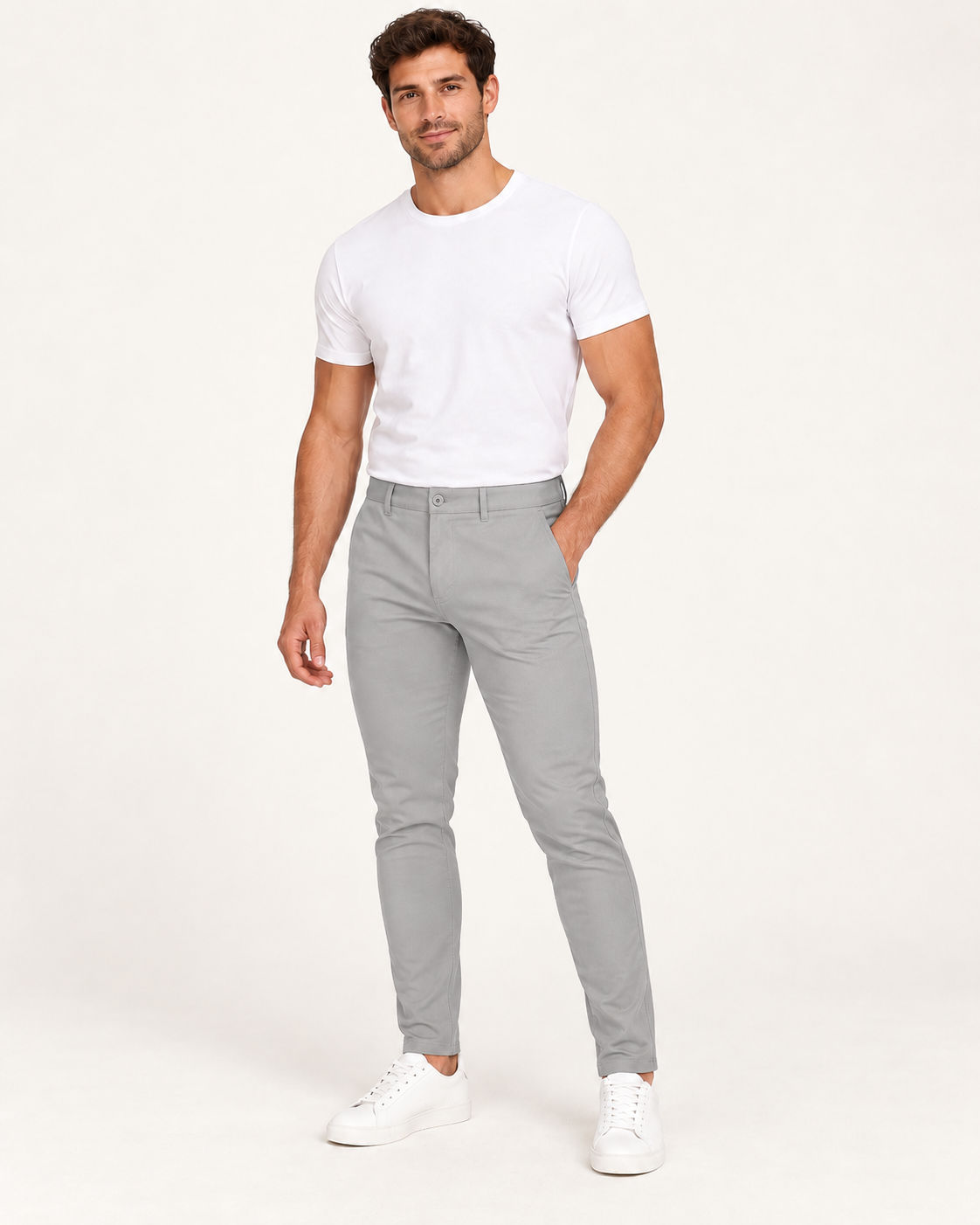 Vaaleanharmaat joustavat slim fit -housut aikuisen miesmallin yllä lämpimän valkoisessa studiossa