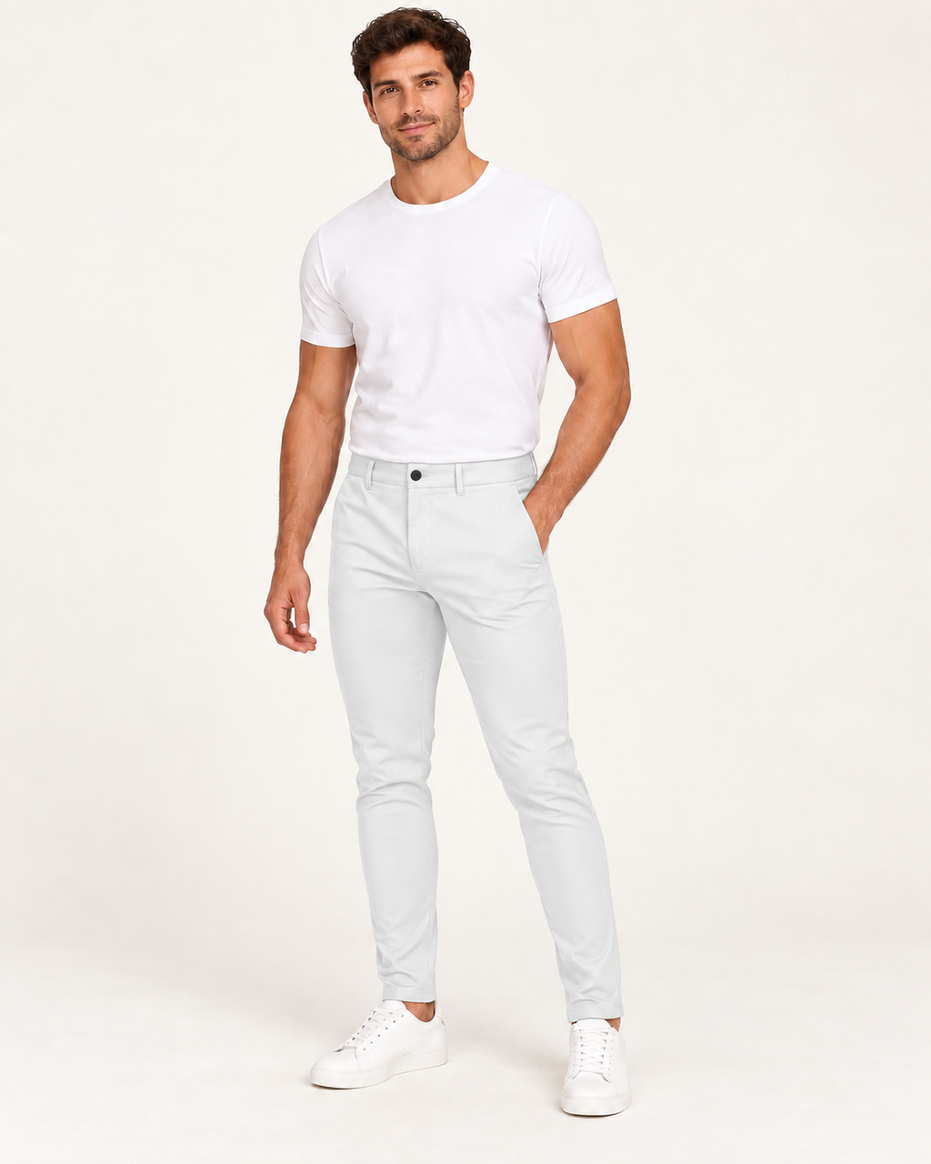 Valkoiset joustavat slim fit -housut aikuisen miesmallin yllä lämpimän valkoisessa studiossa