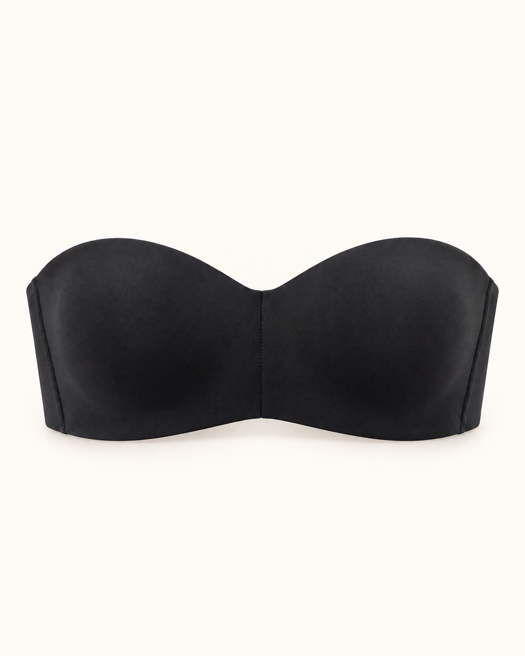 Musta olkaimeton kaaritueton bandeau-rintaliivi, tekninen etukuva lämpimän valkoisella taustalla