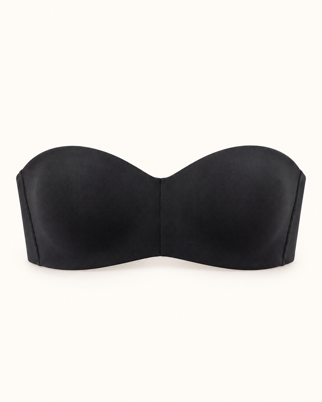 Musta olkaimeton kaaritueton bandeau-rintaliivi, tekninen etukuva lämpimän valkoisella taustalla