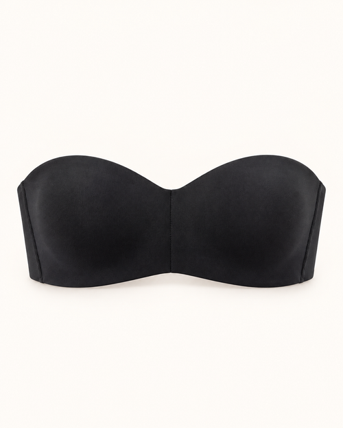 Musta olkaimeton kaaritueton bandeau-rintaliivi, tekninen etukuva lämpimän valkoisella taustalla