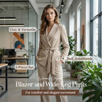 Naisten tyylikäs bleiseri- ja housusetti, kokovartalokuva
